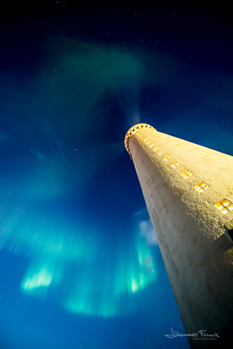 The lighthouse at Gardskagi under Northern Lights