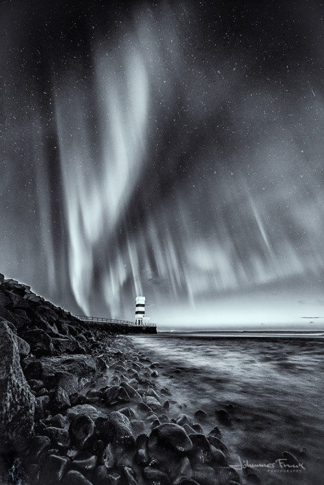 Northern Lights in Black and white over lighthous Gardskagi