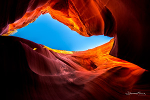 Travel Images Looking up to Blue sky Antilope Canyon Johannes Frank